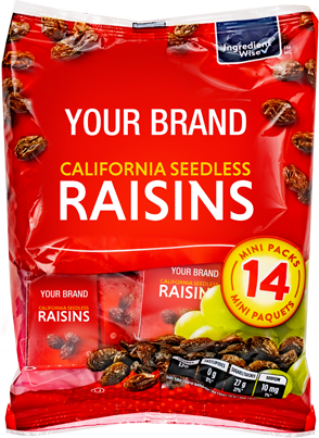 Del Rey Packing Private Label California Seedless Raisins 14 Pack Pillow Pack