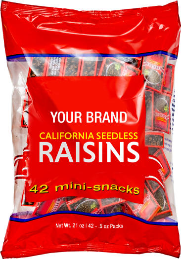 Del Rey Packing Private Label California Seedless Raisins 42 Pack Pillow Pack