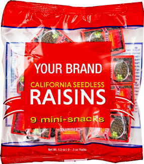 Del Rey Packing Private Label California Seedless Raisins 9 Pack Pillow Pack